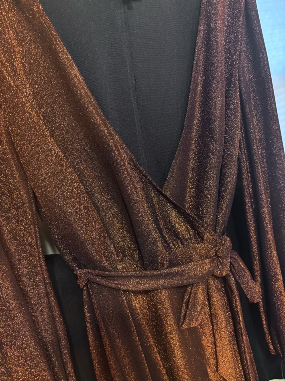 David's Bridal Metallic Copper Wrap Dress